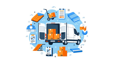 Obraz premium Modern Logistics and Delivery Service Concept with White Van and Cargo Boxes Vector Illustration for Moving Company or E-commerce Shipping