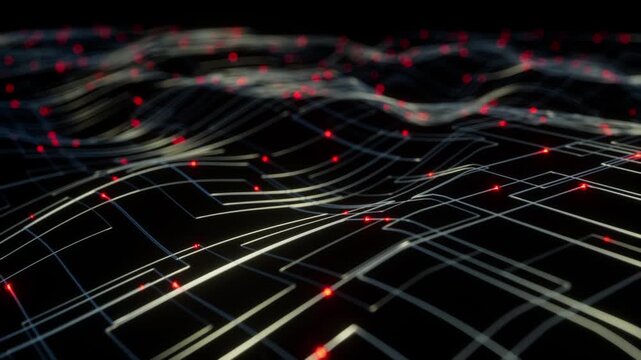 Abstract network with red led lights highlighting security issues, malware risks, and data mining activities