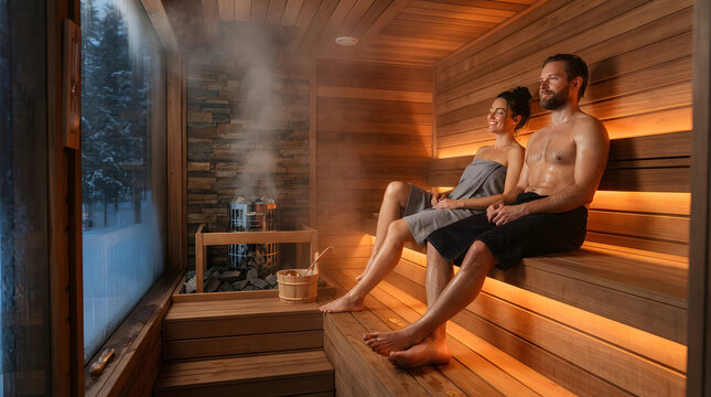 Couple relaxing in wooden sauna with steam. Man and woman enjoying wellness spa session together in warm health retreat.