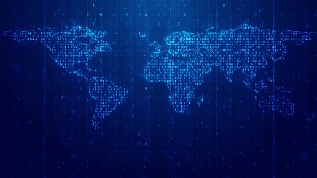 Digital code world map visual with cyan binary continents, blue grid, falling symbols, and data network atmosphere. Perfect for global tech videos, cyber titles, reports, and overlays.