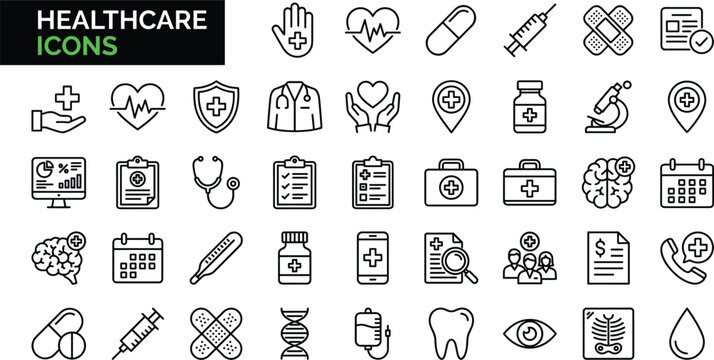 Medical checkup clinical analytics insurance coverage diagnostics emergency service hospital administration thin black line icons bundle