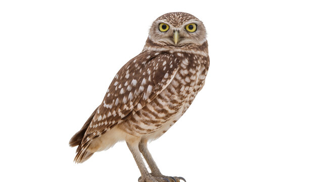 Isolated burrowing owl bird with bright yellow eyes standing alertly looking straight ahead