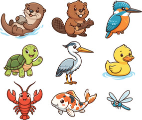 Naklejka premium Cute Cartoon Pond and Freshwater Animals Collection with Otter Beaver Turtle and Koi Fish
