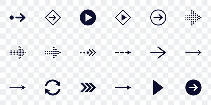 Modern Vector Arrow Icons Set for UI UX Design. Navigation, Play, Direction Progress Pointers. Minimalist Web App Graphics