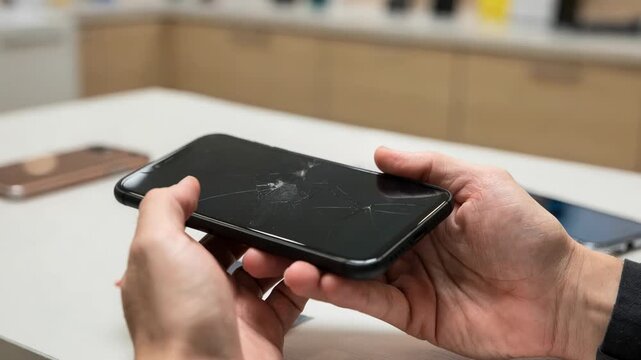 Closeup of a reseller examining a used smartphone with blurred background highlighting device tradein evaluation in a budgetfriendly upgrade setting.