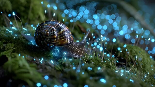 A snail slowly moves through a magical forest filled with glowing blue lights in a video.