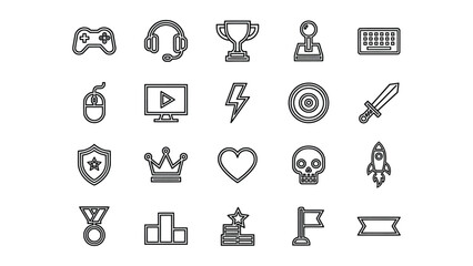 Fototapeta premium Collection of minimalist line icons representing gaming achievements trophies and digital entertainment elements on transparent background