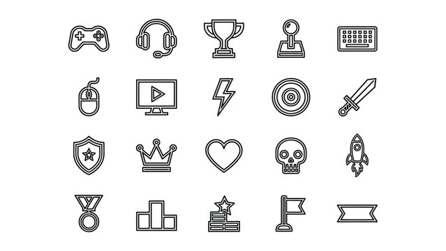 Collection of minimalist line icons representing gaming achievements trophies and digital entertainment elements on transparent background
