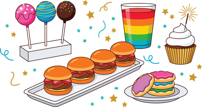 Colorful Party Dessert Vector Collection with Cake Pops, Mini Burgers, Rainbow Jelly Drink, Frosted Cupcake, Cookies, and Celebration Sweet Treats
