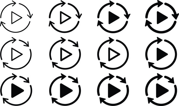 Multimedia play button collection with circular rotation arrows indicating replay replay repeat video audio loop line icons set