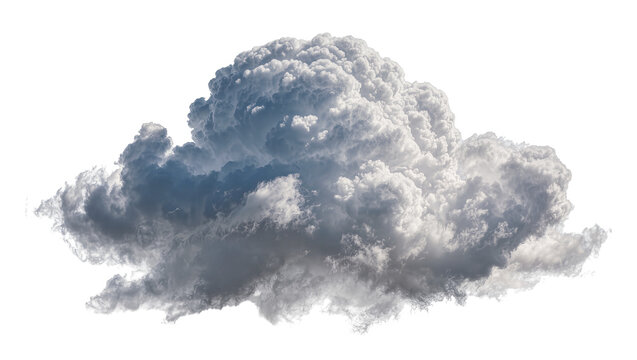 Isolated voluminous cumulus thundercloud with dark blue-grey shadows and bright white fluffy texture