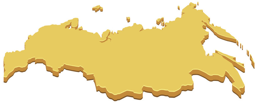 Isometric yellow 3D map of Russia showing national territory, geographical boundaries, and geopolitical influence across Eurasia. (cut out)