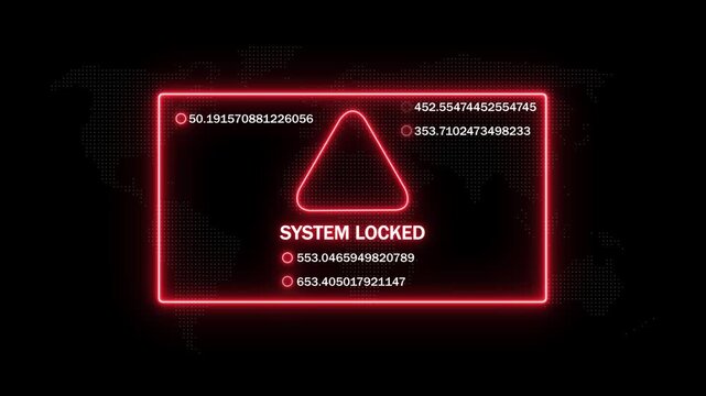 Cyber security system locked alert interface with glowing red warning and rapidly changing digital data streams for high-tech network protection, unauthorized access breach, and digital threat