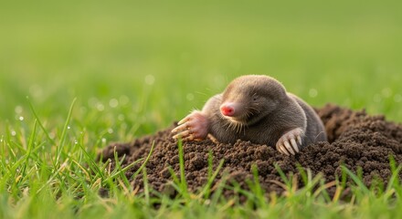 Fototapeta premium A small brown mole emerges from a freshly dug dirt mound in a lush green meadow, showing its tiny claws and pink nose in soft morning light, zoology, environment, grass