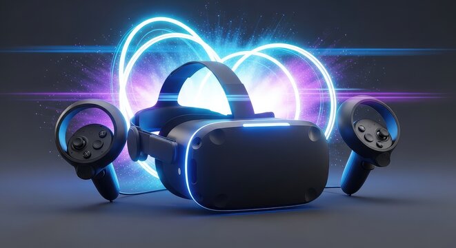 A sleek virtual reality headset and motion controllers are immersed in a dynamic explosion of neon blue and purple light in a gaming setup, data, optical, controllers