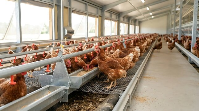 Modern Poultry Farm Facility With Brown Hens Feeding Indoors in Large Shed