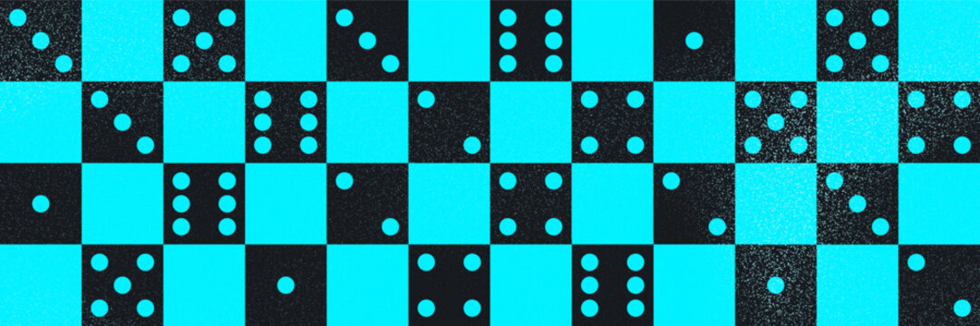 Geometric dice cubes seamless bg in retro grainy style. Neon blue and black checkerboard pattern for gambling design, casino night banner. Game ui, boardgame wrapping paper. Vector.