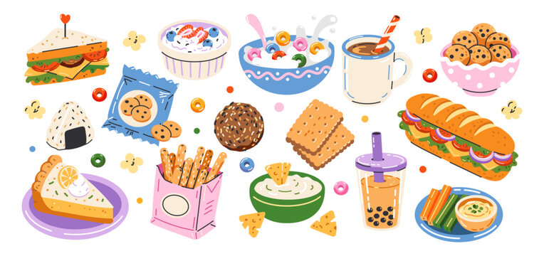 Colorful snack food sticker set. Sandwich, cookies, cereal, cake, crackers, breadsticks, hummus, bubble tea and dessert icons in playful flat vector style isolated on white background.