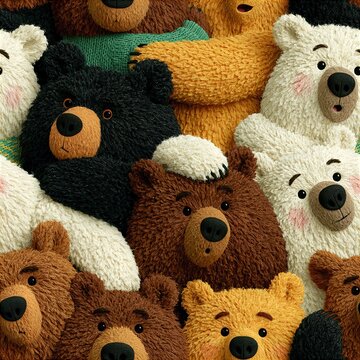 A dense collection of cuddly plush teddy bear faces in various warm colors and textures