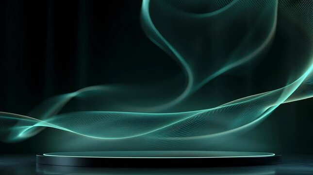 Abstract teal light wave on dark stage with oval pedestal background, glowing turquoise wave and dark stage platform, digital flow motion, futuristic light over dark podium