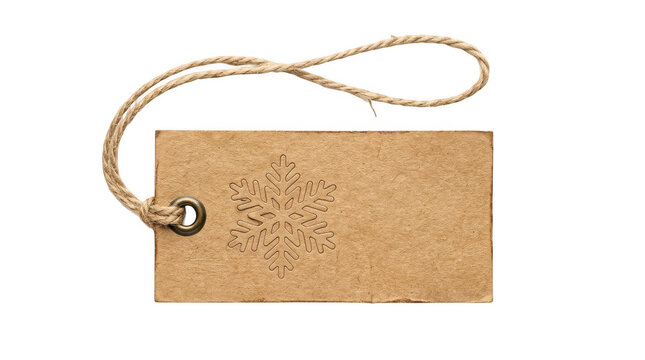 Blank brown cardboard paper price tag with a rustic twine string isolated on transparent background