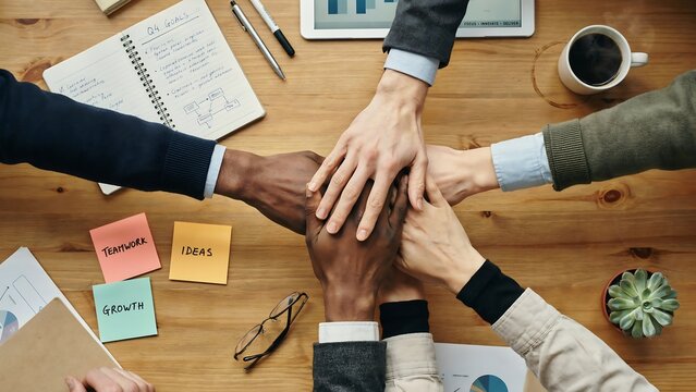 Business team stacking hands together on wooden office desk