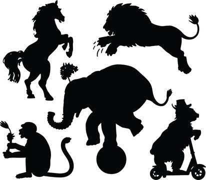 Circus animal silhouettes of a lion elephant horse monkey and bear on a scooter Keywords: circus animals silhouette lion elephant