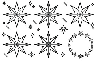 Obraz premium Sparkling star and north star vector outline icons featuring magic sparkle, twinkle, crystal, circle, and line art for decorative design.