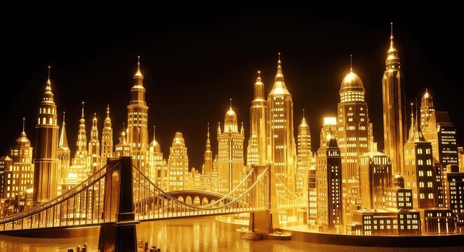 An intricate golden cityscape features ornate bridges and majestic towers glowing brilliantly against a deep black nighttime background, ornate, dark, aesthetic
