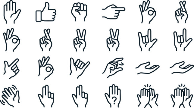 Hand Gestures and Sign Language Line Icons Vector Set featuring Thumbs Up Peace Crossed Fingers Clapping and Ok Symbols for App Interface Graphics
