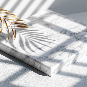 Light and shadow play on marble surface with palm leaf near light source