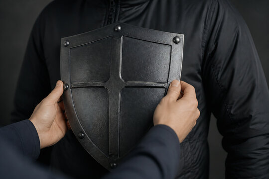A person in a black jacket is holding a dark, stylized shield against a plain background.