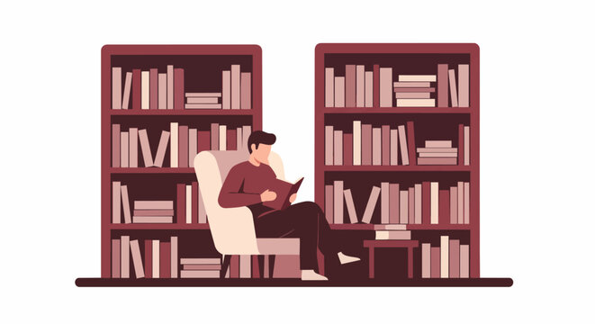 Man Reading a Book in a Cozy Library Interior Flat Vector Illustration of Person Sitting in Armchair with Bookshelves Background