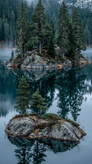 Coniferous trees on rocky islands reflect in calm water with misty forest background. © COK House