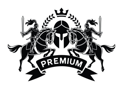 Premium Sign Featuring Knights with Swords Riding Horses on a White Background, Medieval Heraldic Vector Emblem for Luxury Branding, Royal Crests, Historical Themes, and Decorative Design Projects.