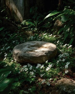 Flat stone platform surrounded by white flowers and greenery