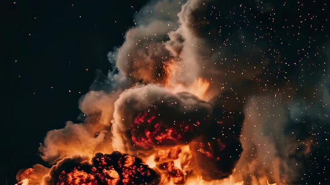 Large explosion with fiery blast and thick smoke cloud against dark sky. Cinematic war footage of industrial fire or missile impact destruction scene at night.