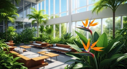 Fototapeta premium Lush tropical plants thrive in a modern office atrium featuring warm natural wood seating and expansive glass walls filled with soft light, seating, airy, garden