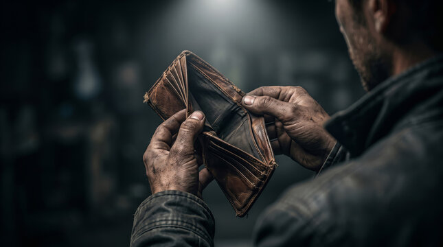 Dirty hands holding an empty worn leather wallet