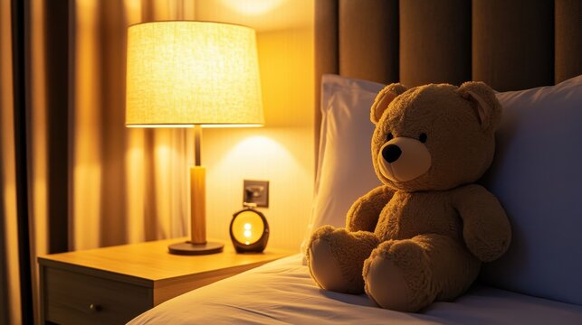 A plush teddy bear sitting comfortably in a bedroom