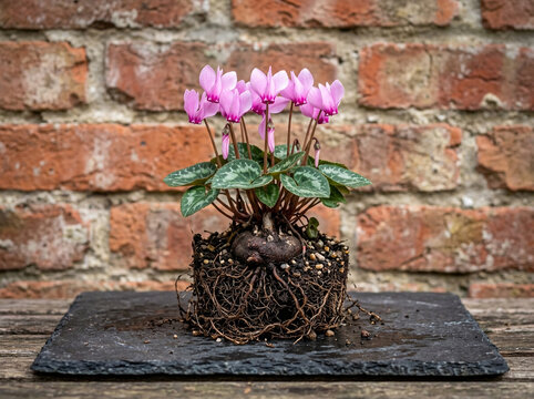 Beautiful pink cyclamen flower plant with visible roots on a dark stone slab against a brick wall