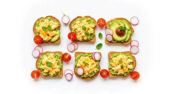 Vibrant slices of toasted bread topped with mashed avocado, fluffy scrambled eggs, cherry tomatoes, and sliced radishes on white background, avocado, organic, appetizer
