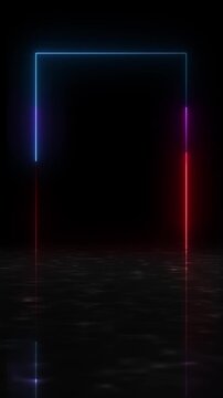Neon rectangle frame reflection background with blue and red glowing border, black copy space, and glossy floor mirror. Perfect for title videos, product promos, logo reveals, and overlays.