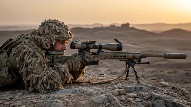Sniper man watching through rifle scope in desert. Military soldier hiding in mountainous terrain. War operation and tactical reconnaissance mission, beige sunset.