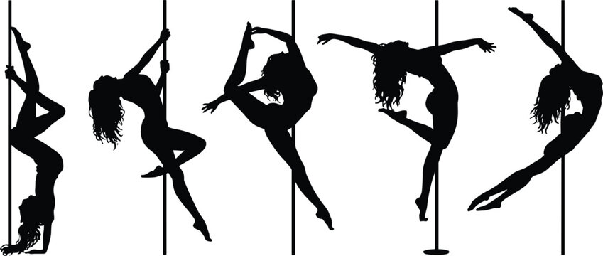 Female Pole Dancers Silhouettes In Dynamic Poses On White Background vector illustration