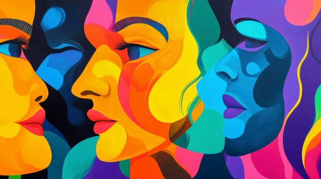 Abstract colorful portrait of four women's faces.