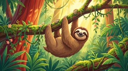 Obraz premium Smiling Sloth on Jungle Branch Costa Rica Illustration