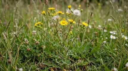 Fototapeta premium Close-up view of yellow wildflowers and various grasses in a vibrant green meadow under natural light.