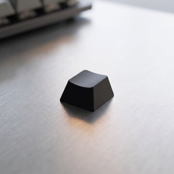A single black mechanical keyboard keycap resting on a clean, modern desk surface.