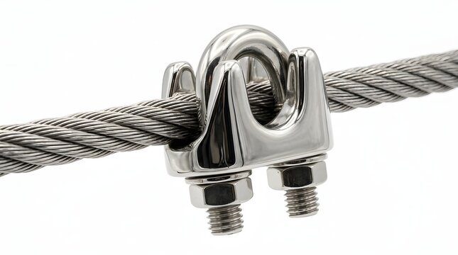 Chrome steel wire rope clip secured on metallic cable isolated white.